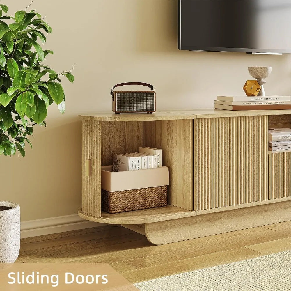 Tambour TV Stand With Large Storage Cabinet And Open Shelves
