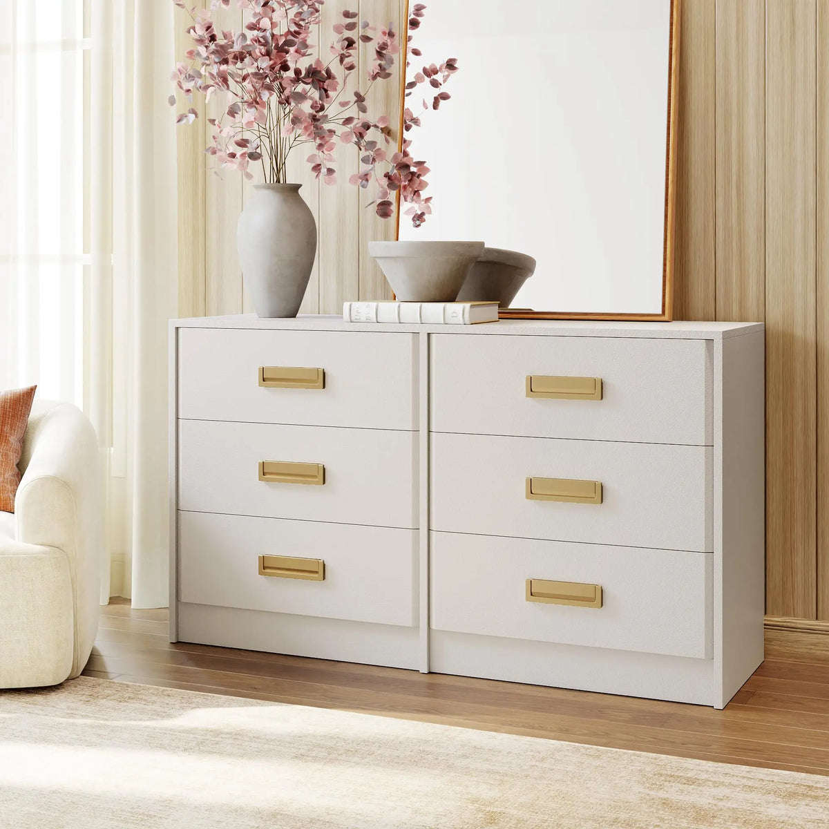 GAOMON Modern Wide Dresser With Six Drawers And Metal Handles