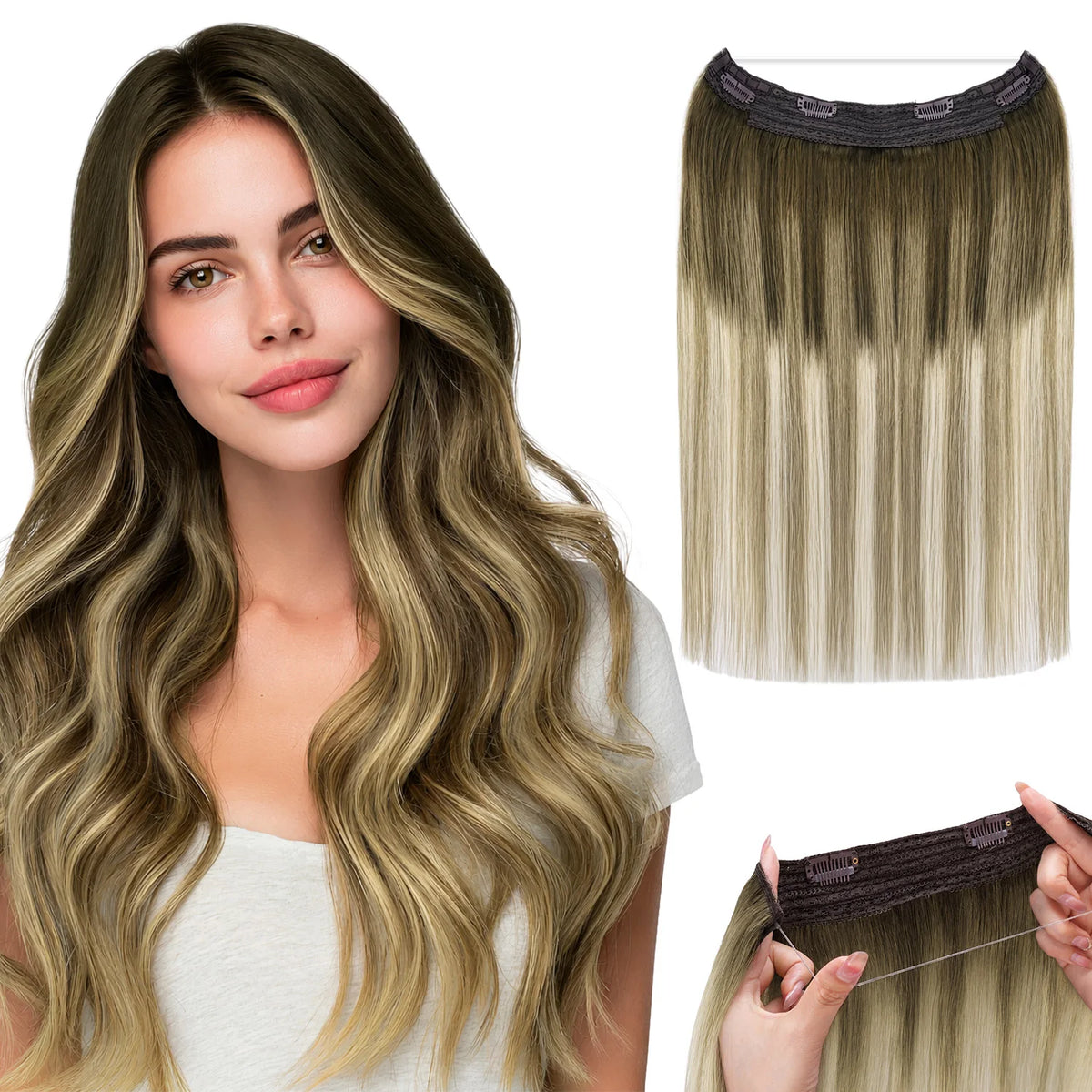 Sunmofavo Invisible Wire Halo Hair Extensions 100% Remy Human Hair Fish Line with 4 Anti-slip Secure Clips Golden Blonde Highlights Seamless Hairpiece for Women Daily Party Occasion Wear Instant Volume