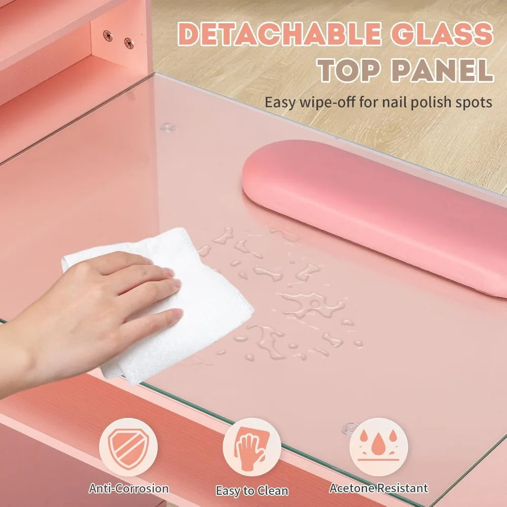 USA Shipping Manicure Table Nail Desk with Glass Top and Wrist Rest, Nail Station, Beauty Salon Nail Supplies