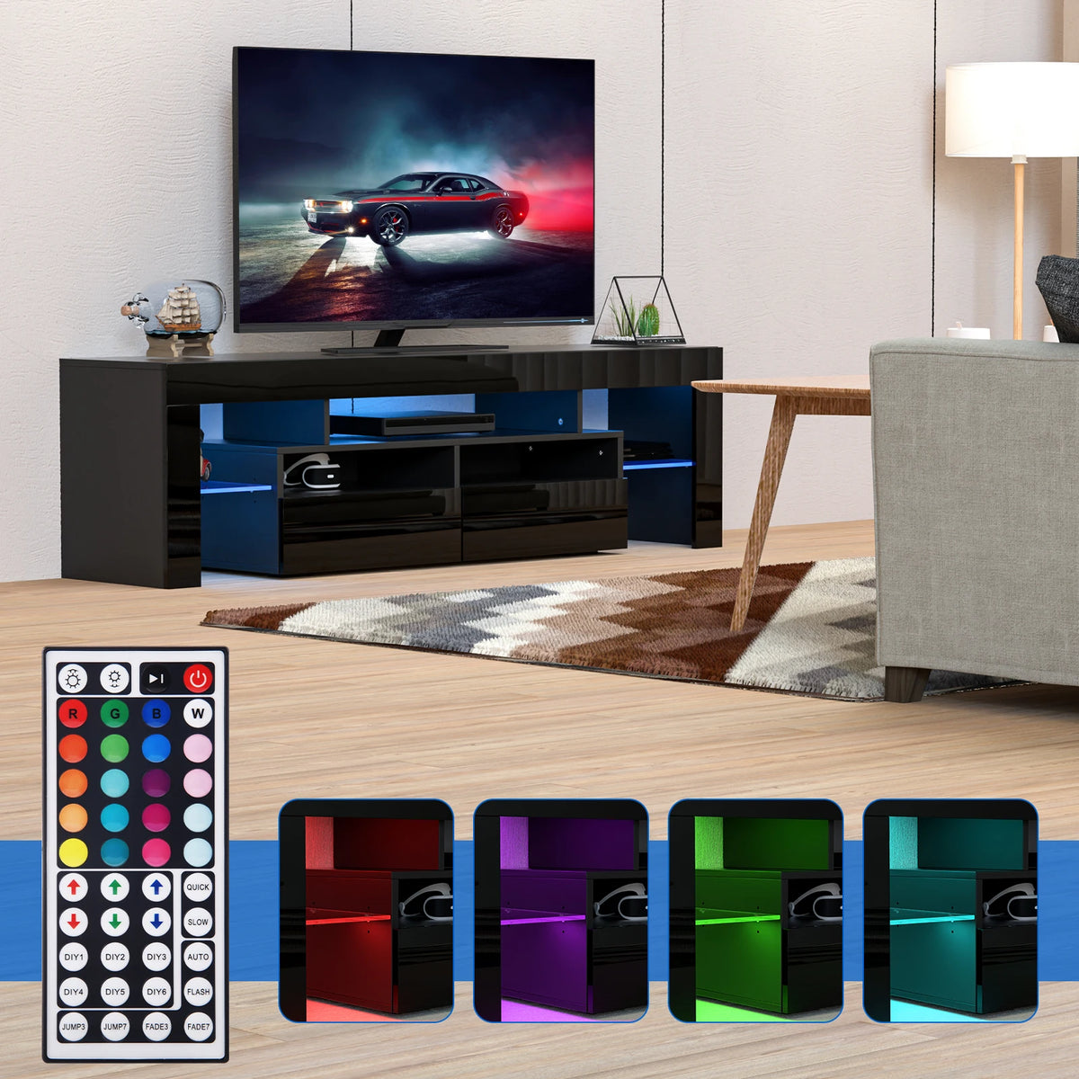 QiaoShiRen 71 Inch Modern Black LED TV Stand With Storage