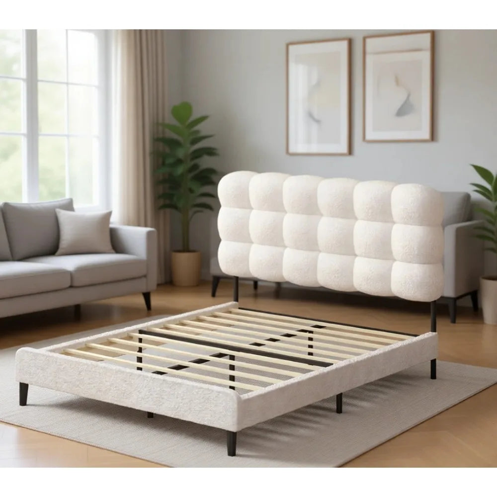 Full Size Upholstered Platform Bed Frame with Soft Fabric Headboard, Wooden Slats Support, No Box Spring Needed