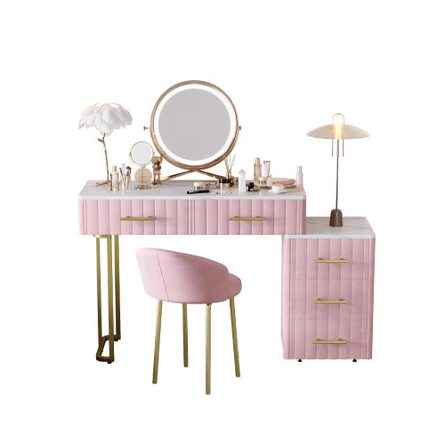 Velvet Upholstered Vanity Desk with Chair, Vanity Set with 5 Big Drawers, Makeup Table with Padded Chair
