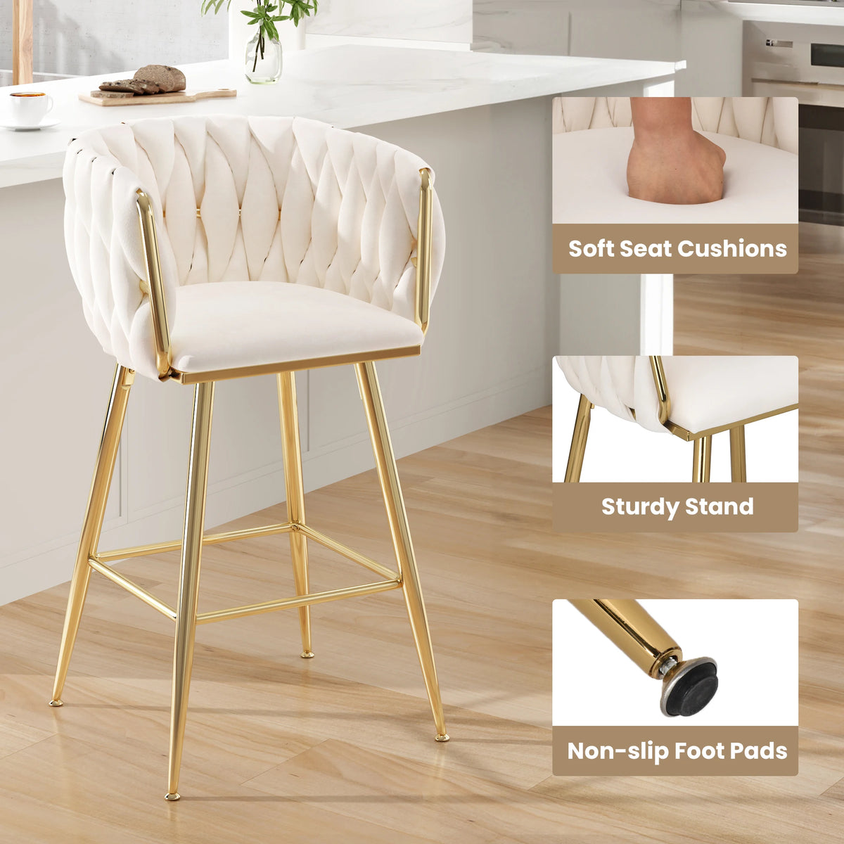 Farini Set of 2 26" Bar Stools, Modern Mid-Century Kitchen Stools with Back, Metal Legs, for Kitchen, Dining Room