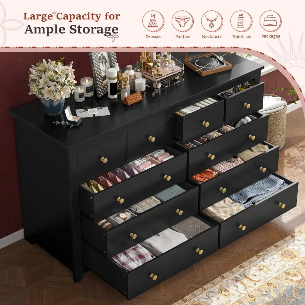 Modern Black 10-Drawer Dresser: Versatile Storage for Bedroom, Clothes, Office Supplies, and More