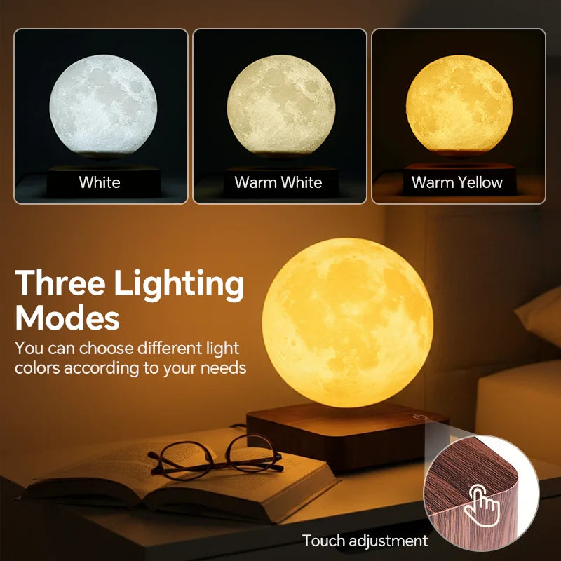 Magnetic Floating Rotating Moon Lamp with Wooden Base,3 Lighting Modes LED Night Lights of Print 3D for Unique Gifts, Room