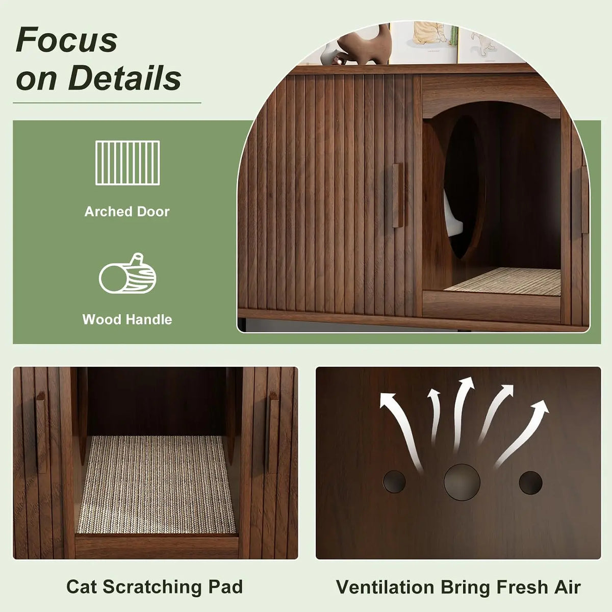 Double Cat Litter Box Enclosure Furniture, 59" Fluted Cabinet, Walnut | Large Hidden LitterBox Furniture, with Scratching Pad