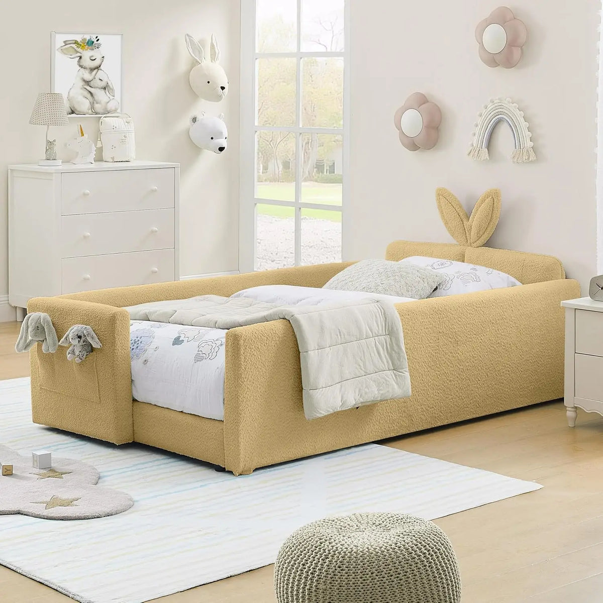 Twin Size Platform Bed,Boucle Upholstered Rabbit Ear Headboard with Pocket & Guardrail for Kids Room,Beige,Customized
