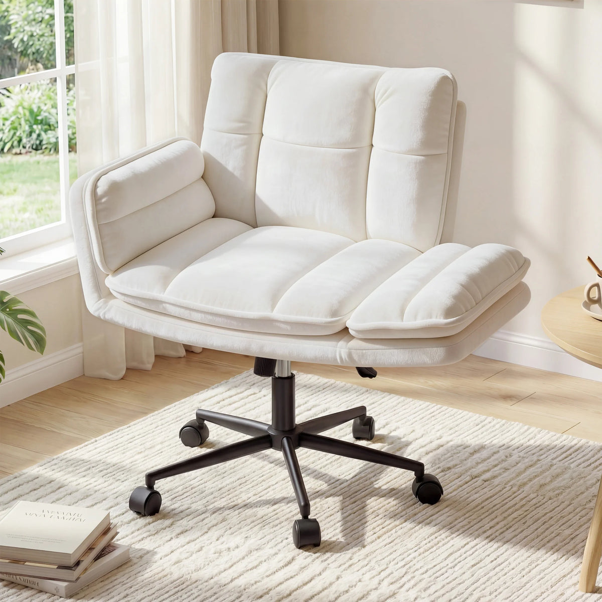 Criss Cross Chair with Wheels, Ergonomic Office Chair with Flip Armrests, Pet-Friendly Vanity Chair for Bedroom Makeup Room