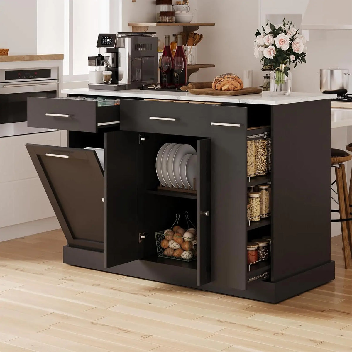 Kitchen Island Cart With Trash Cabinet And Spice Rack And Towel Rack On Wheels