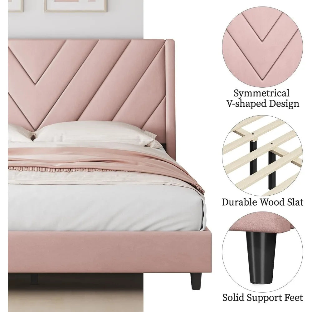 Bed Frame With Tufted Wing Sides And Mattress Base