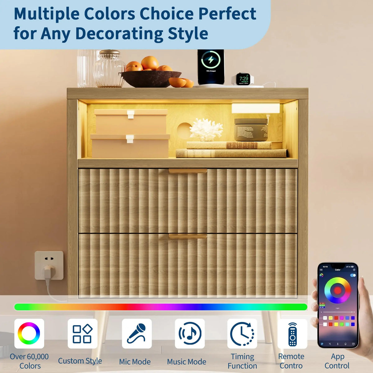 23.6 Inch Nightstand With Charging Station, RGB LED Light, 2 Drawers, Open Shelf, 3 AC Outlets And 2 USB Ports For Bedroom Dorm