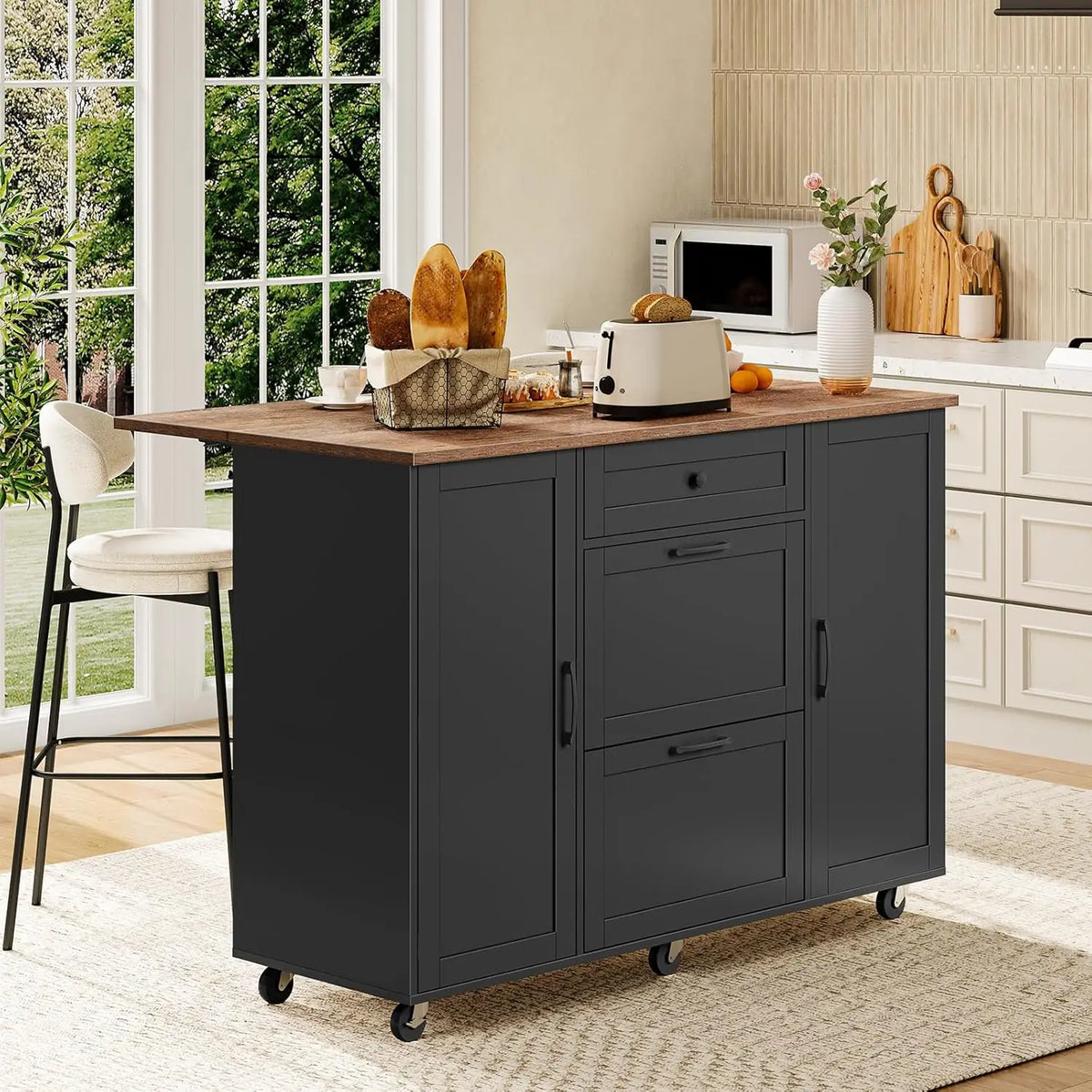Kitchen Island Cart With Drop Leaf Tabletop And Storage Shelves Farmhouse Style