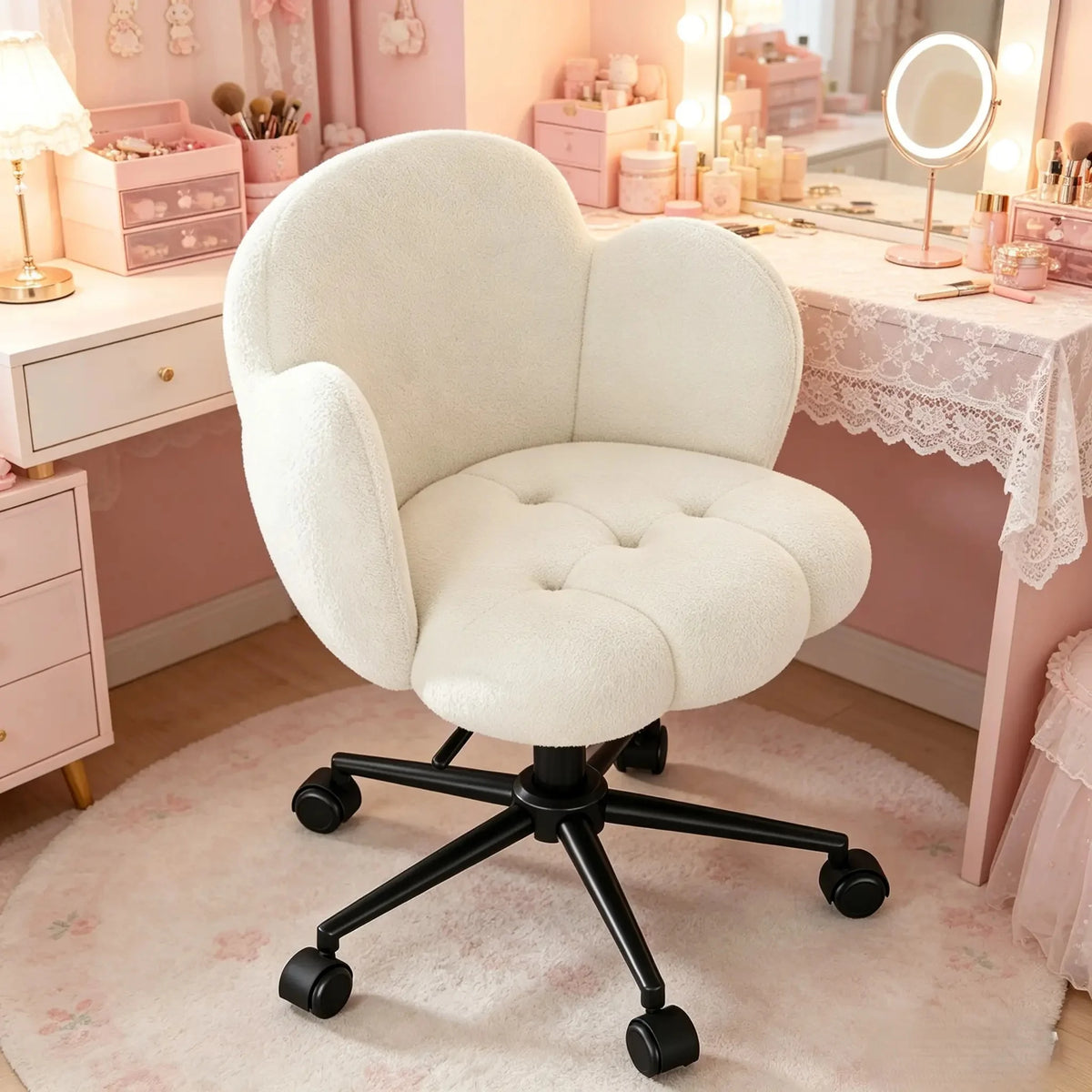 EnHomee Petal Vanity Chair with Wheels, Aesthetic Height Adjustable 360°Swivel Desk Chair, 3.5" Thick Comfy Backrest Task Chair for Bedroom Living Room