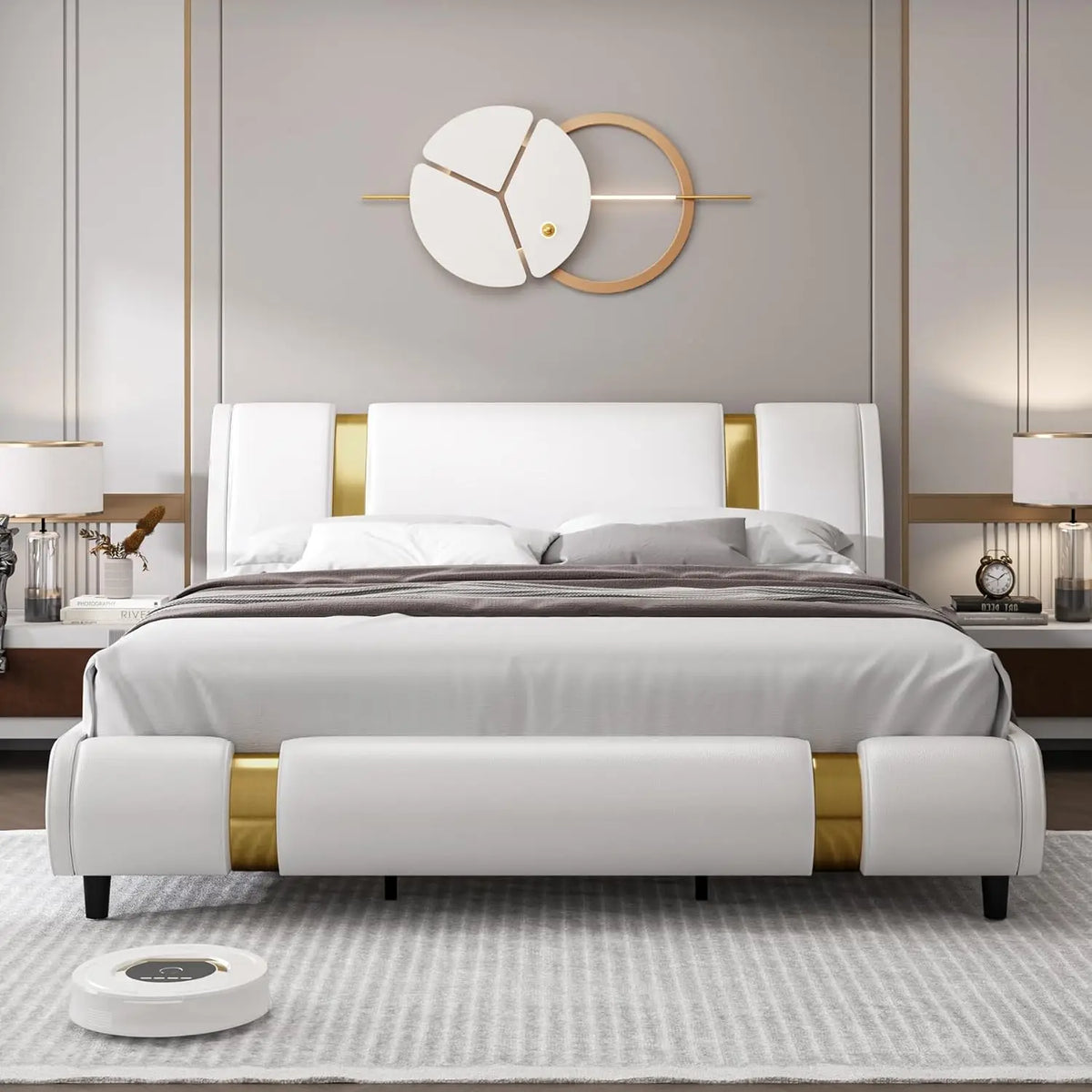 Faux Leather Platform Bed With Adjustable Headboard And Wood Slats