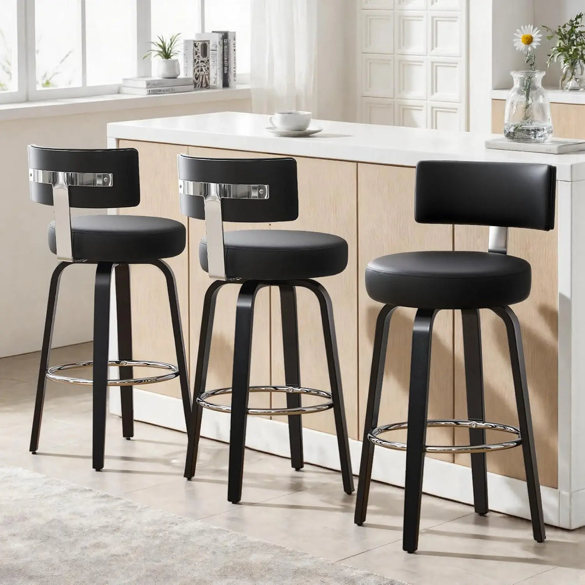 Swivel Counter Stools Set 3 Faux Leather Kitchen Barstool with Back Walnut Wood Legs 26" Seat White, Custom