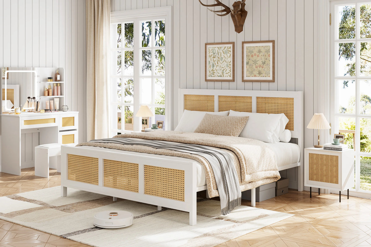 Modern Boho Bed Frame With Rattan Headboard And Storage