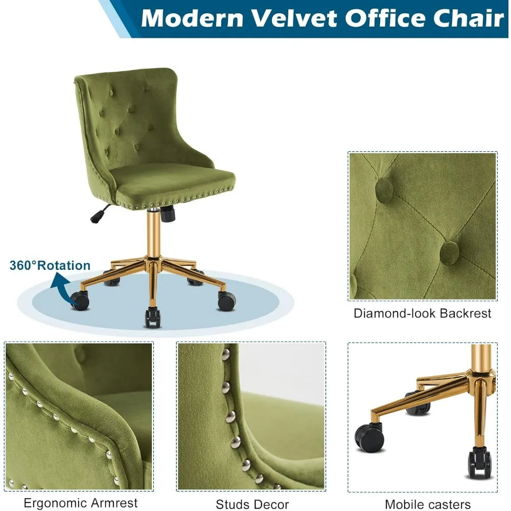 VINGLI Small Cute Green Velvet Office Desk Chair Gold Base Adjustable Swivel Armless Makeup Vanity Chair For Women Girls