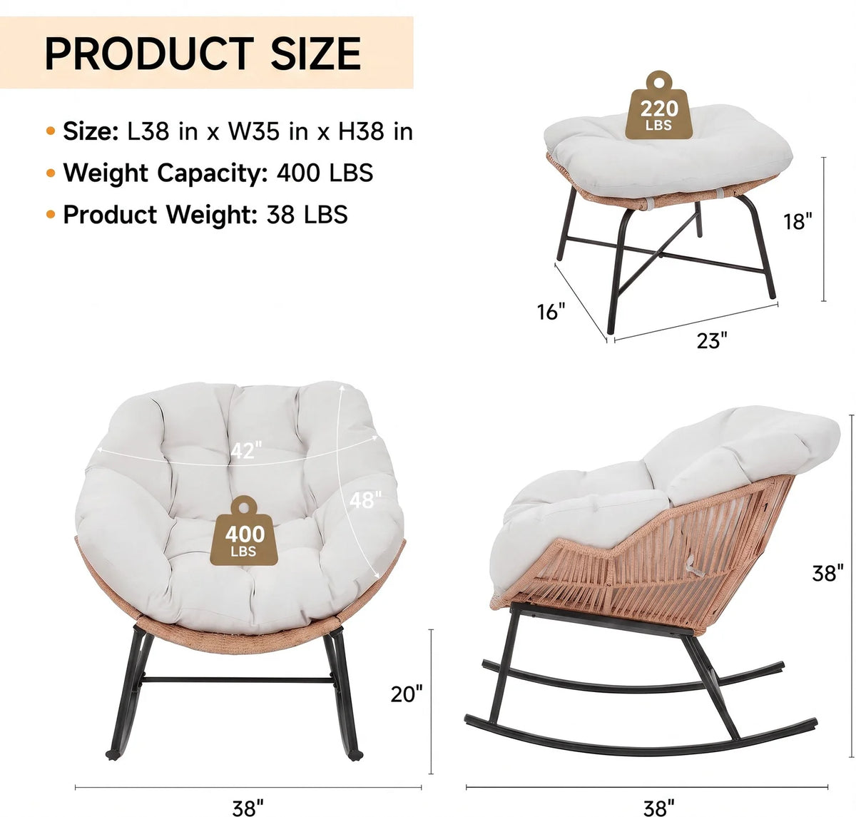 ONBRILL Rattan Papasan Rocking Chair With Ottoman Indoor Outdoor Lounge