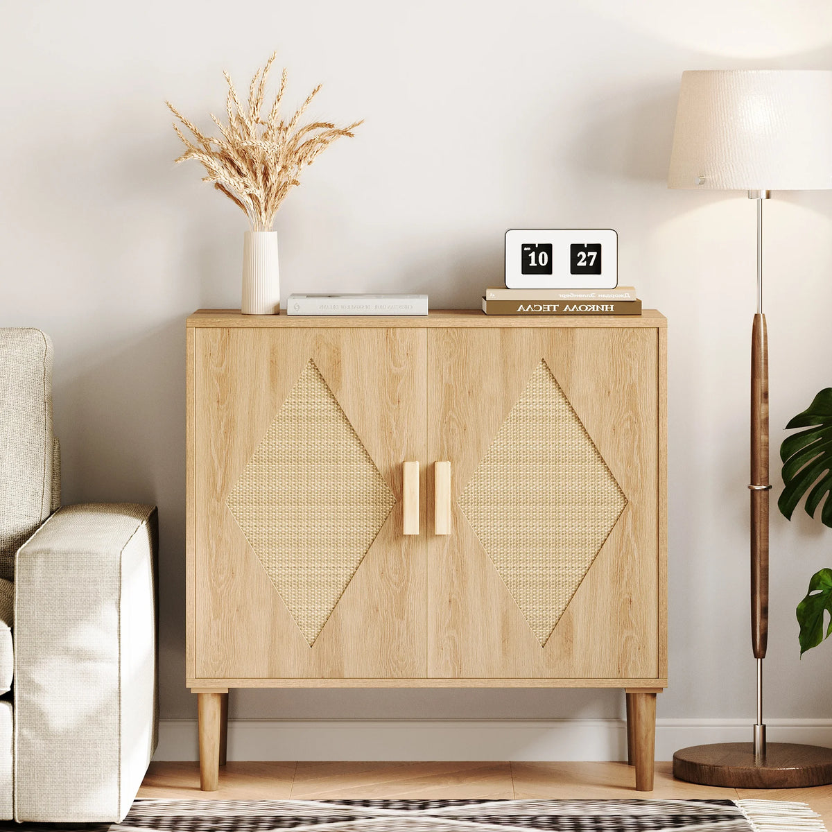 GarveeLife Boho Wooden Sideboard with Rattan Doors and Adjustable Storage