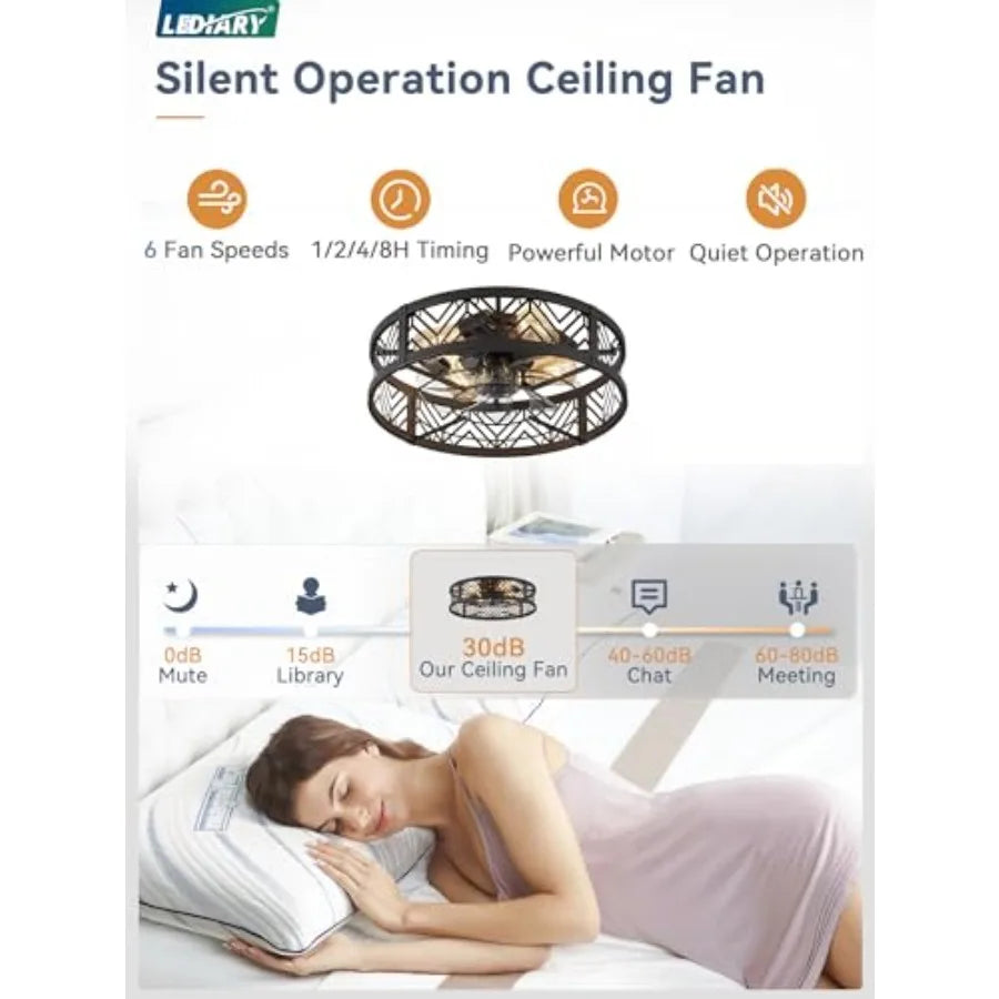 Caged Ceilg Fan with Light, Small Flush Mount Ceilg Fan with AppandRemote, Low Profile Bladeless Ceilg Fan for Bedroom, Kitchen