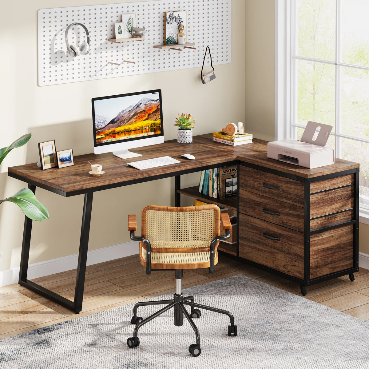 Tribesigns Reversible L Shaped Computer Desk With Drawers And Shelves