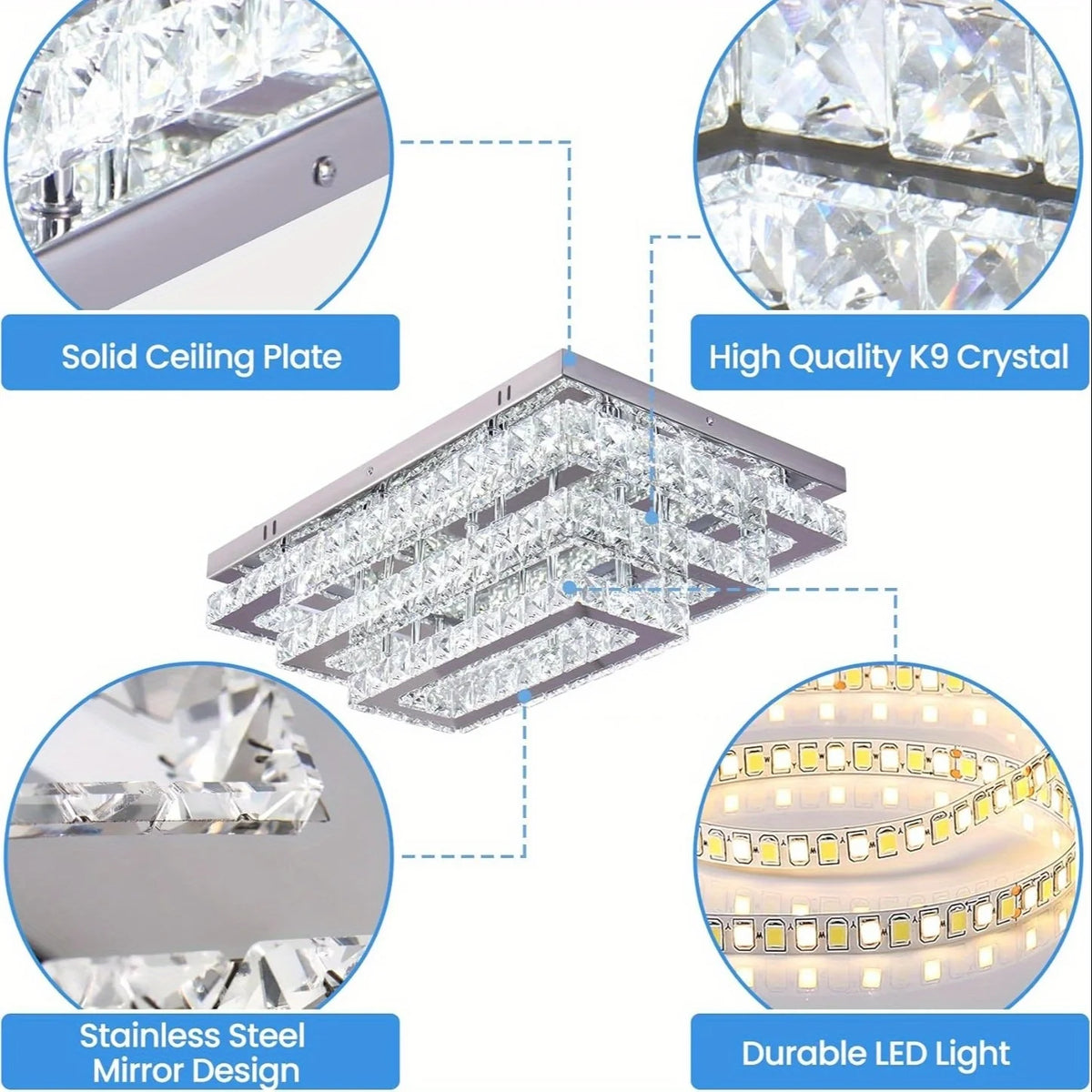 FRIXCHUR Modern Crystal LED Dimmable Stainless Steel Ceiling Light