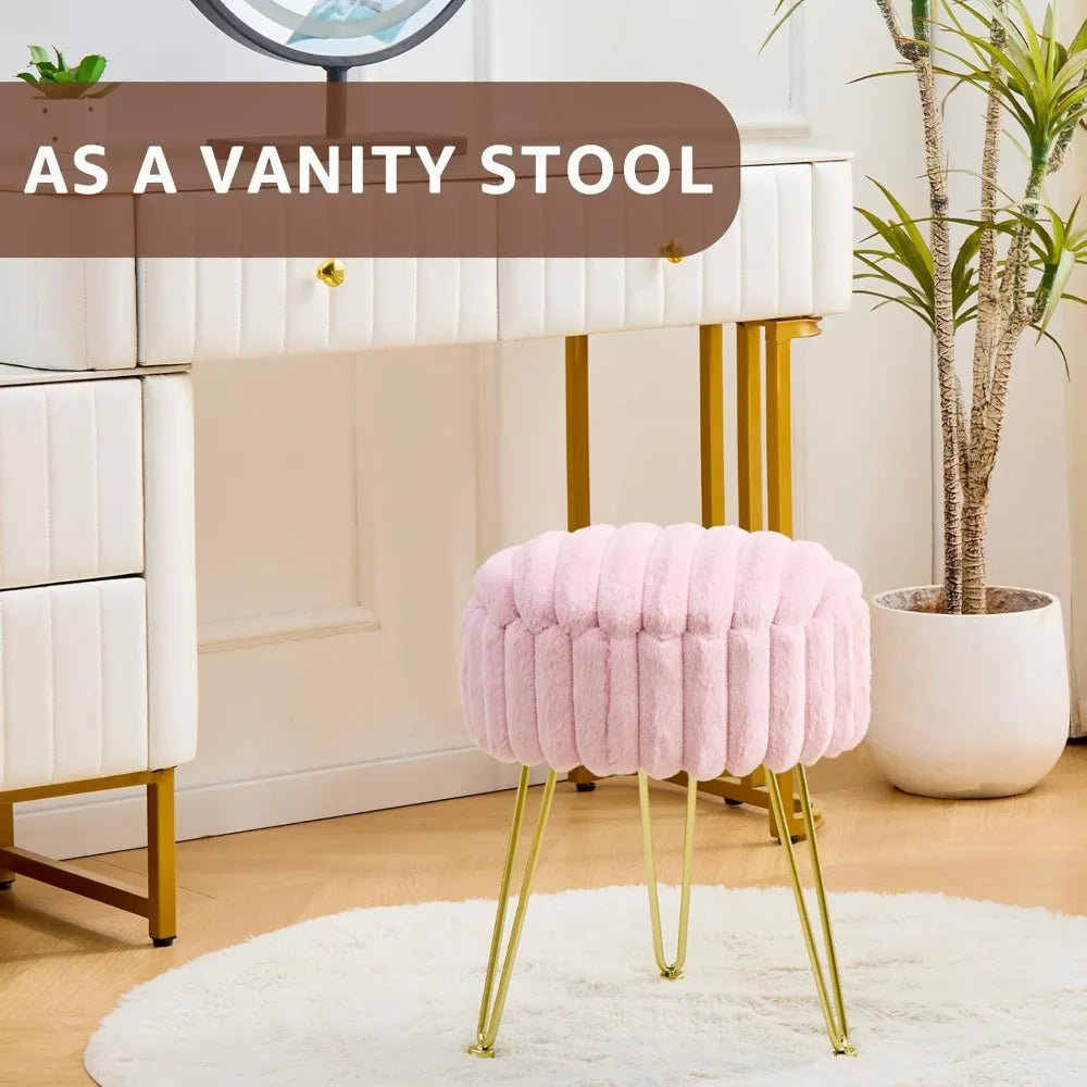 XIUWO Round Faux Fur Ottoman With Storage And Metal Legs