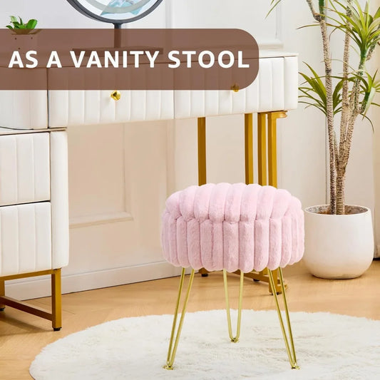 XIUWO Round Faux Fur Ottoman With Storage And Metal Legs