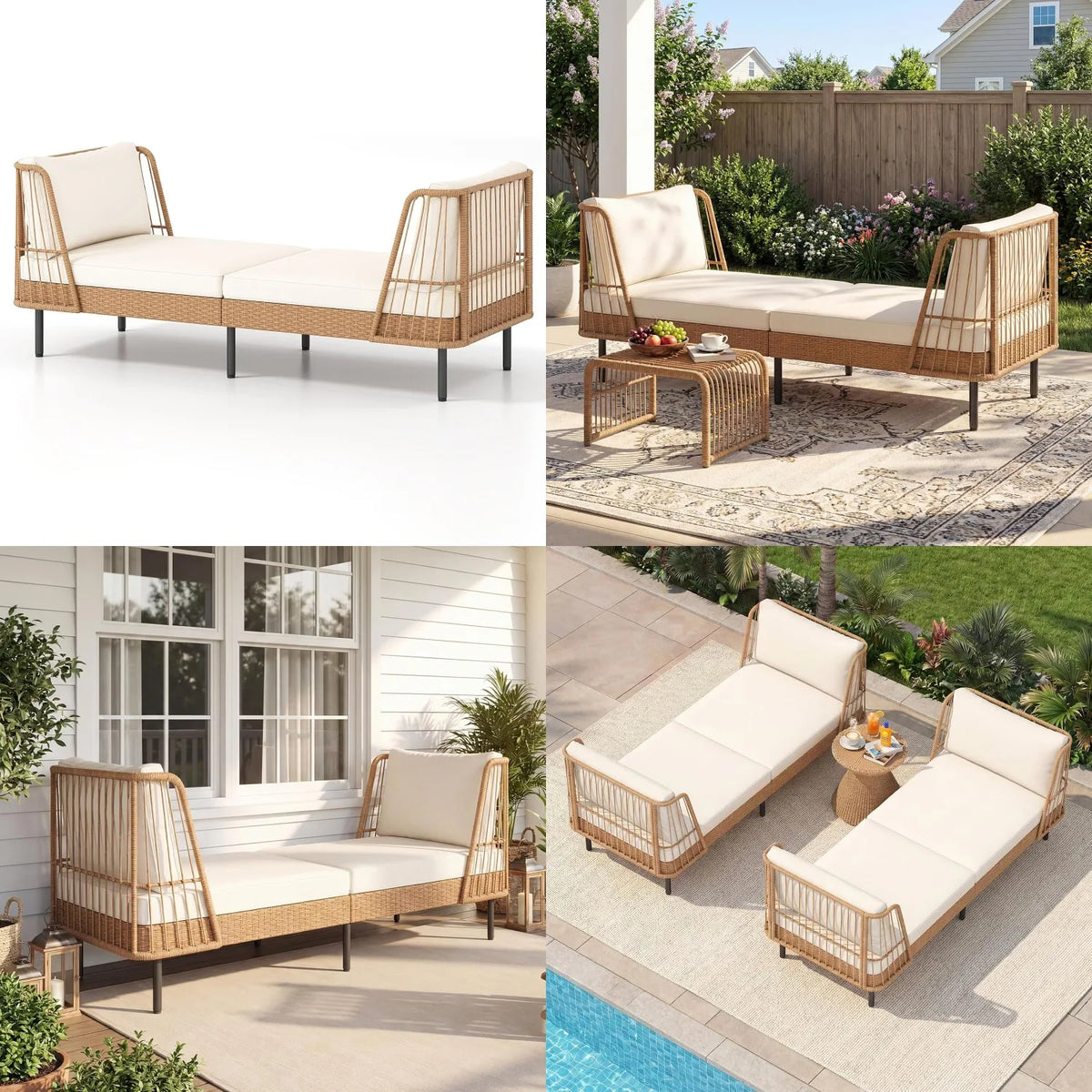 2 Seater Outdoor Rattan Daybed Sofa with Armrests Cushions Pillows Boho Loveseat for Porch Backyard Garden Poolside, Customized