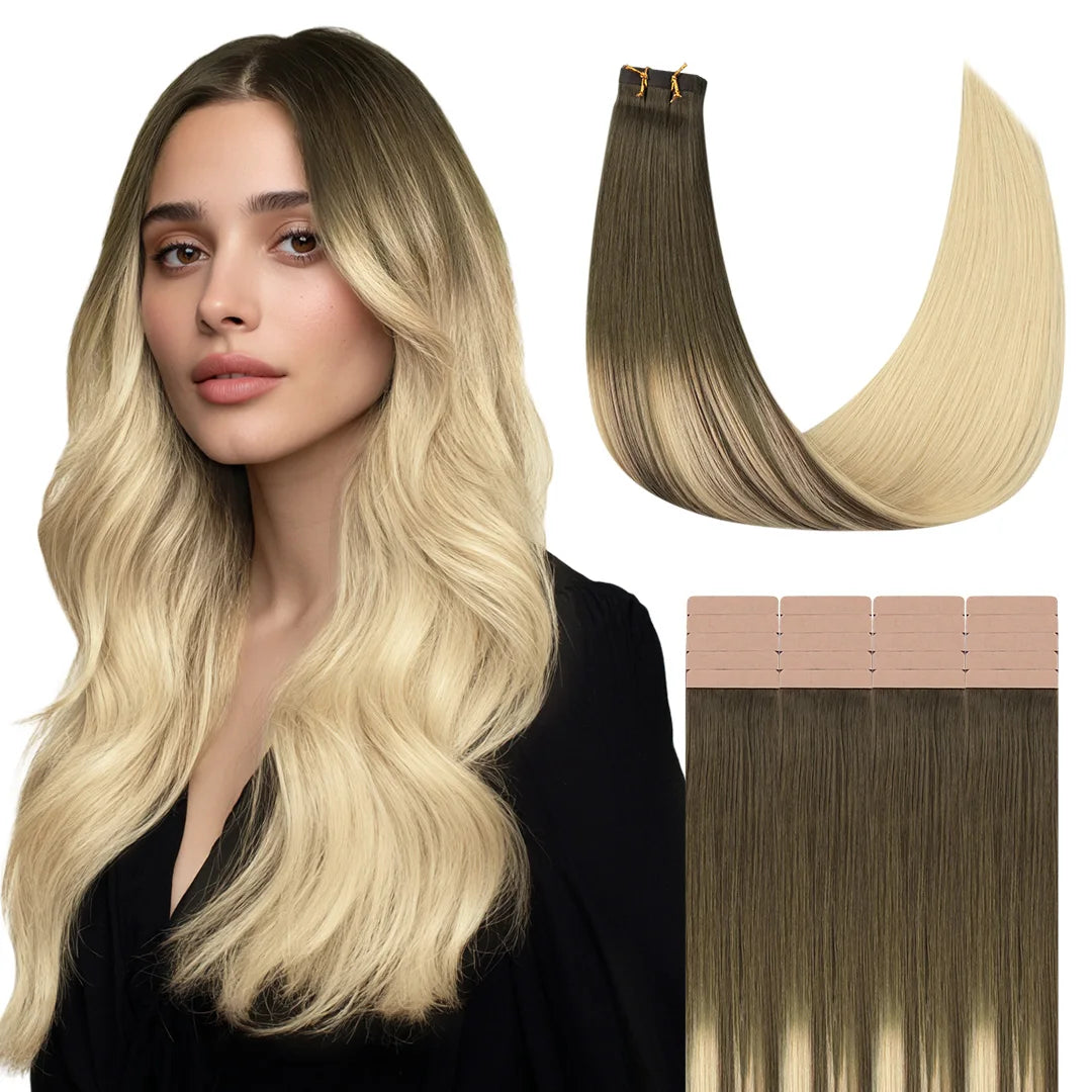 Sunmofavo Seamless Tape In Hair Extensions 100% Real Remy Human Hair Straight, Ash Brown To Platinum Blonde Ombre Silky Glossy ,20Pcs 50g,  Firm Hold After Heat Application, Instant Volume, Salon Professional Tape Ins