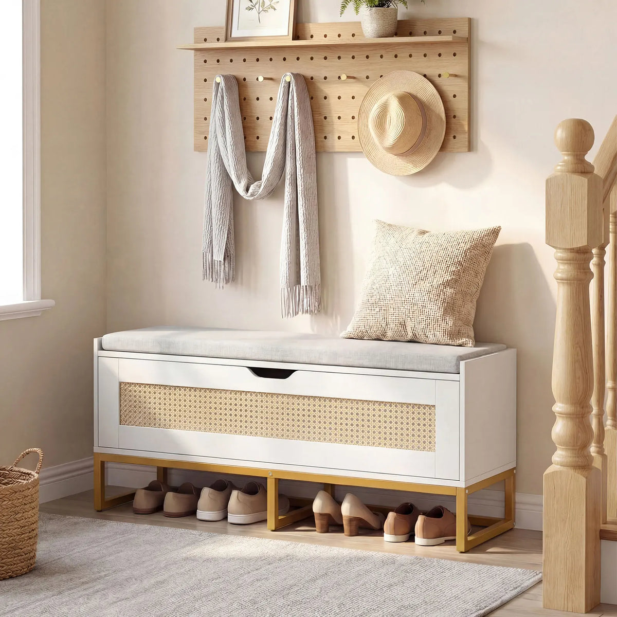 39. 5” Rattan Storage Chest w/ Padded Seat, Flip-Top and Safety Hinges for Bedroom