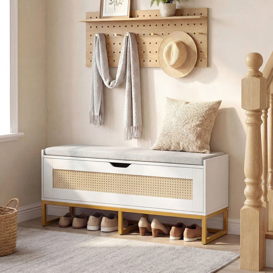 39. 5” Rattan Storage Chest w/ Padded Seat, Flip-Top and Safety Hinges for Bedroom