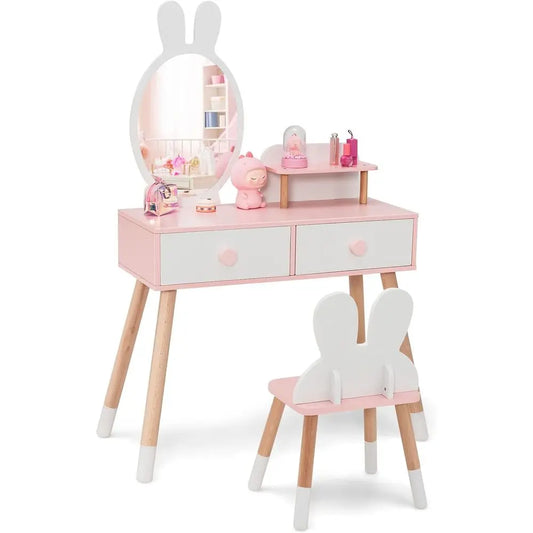 KOTEK Kids Vanity Set with Mirror, Wooden PrincMakeup Dring Table with Stool, 2 Storage Ders & Display Shel, Kids Vanity Table a