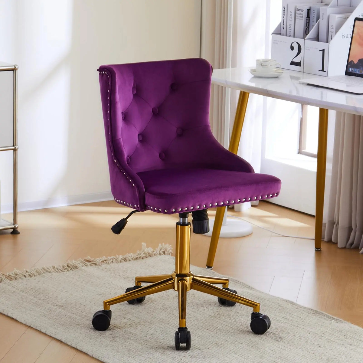VINGLI Small Cute Green Velvet Office Desk Chair Gold Base Adjustable Swivel Armless Makeup Vanity Chair For Women Girls