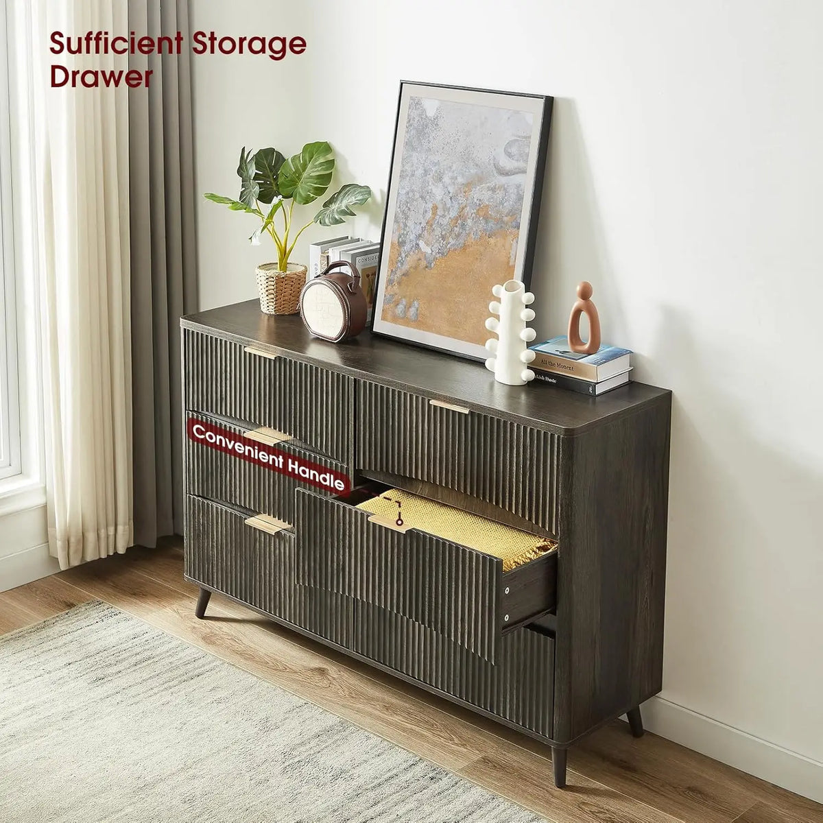 Grey Fluted 6 Drawer Mid Century Dresser
