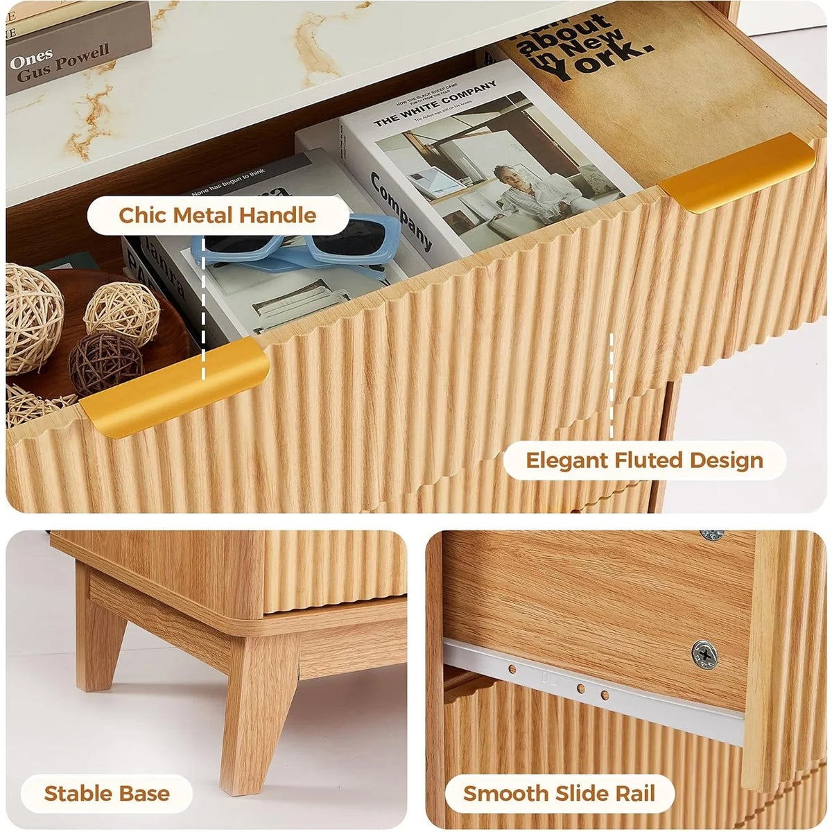 Fluted Storage Dresser With Gold Handles And Anti Tip Design