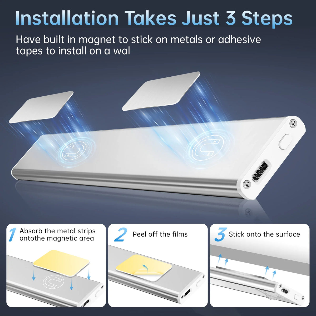 PZSUNLY Motion Sensor LED Light Type-C Rechargeable Wireless Night Light Magnetic Cabinet Lamp for Kitchen Bedroom Wardrobe Hallway Stairs