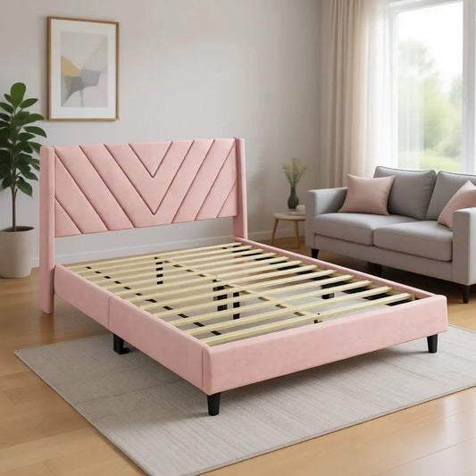 Bed Frame With Tufted Wing Sides And Mattress Base