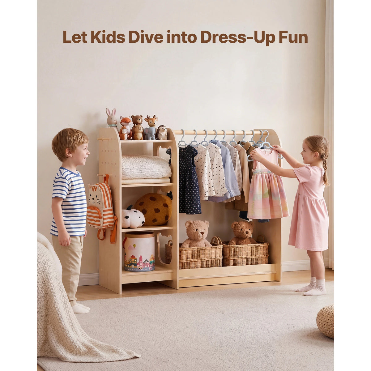 Kids Wooden Dress Up Wardrobe With Mirror And Storage for Bedroom