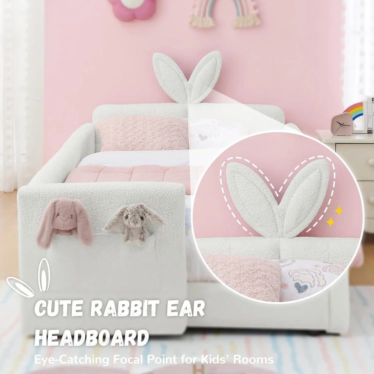 Twin Size Platform Bed,Boucle Upholstered Rabbit Ear Headboard with Pocket & Guardrail for Kids Room,Beige,Customized