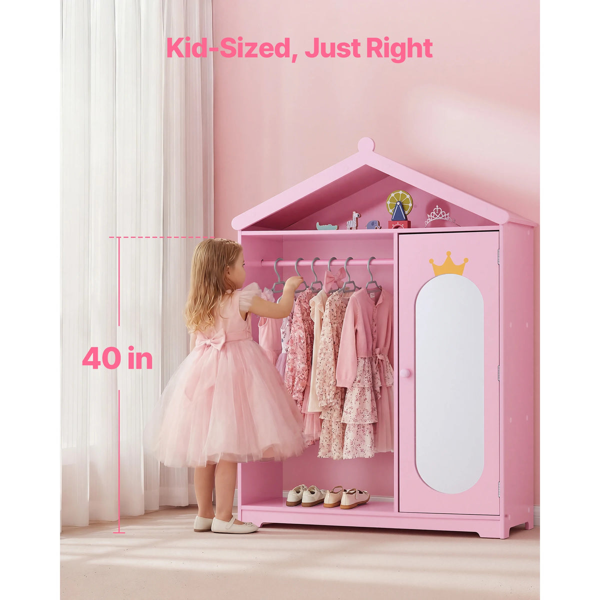 SucceBuy Kids Dress Up Storage with Mirror & Dress Up Closet Kids Armoire Wardrobe Costume Organizer for Girls Toddler Bedroom