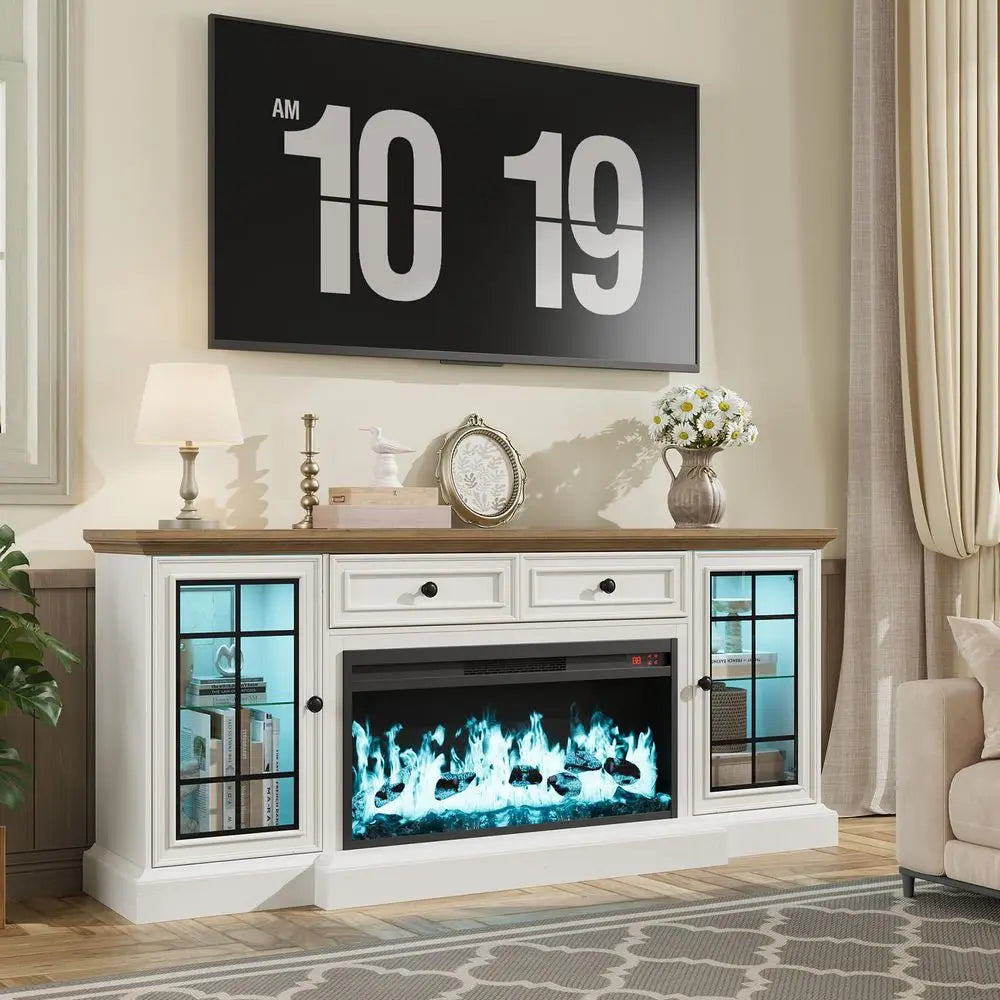 XMSJ Farmhouse TV Stand With Electric Fireplace And LED Lights