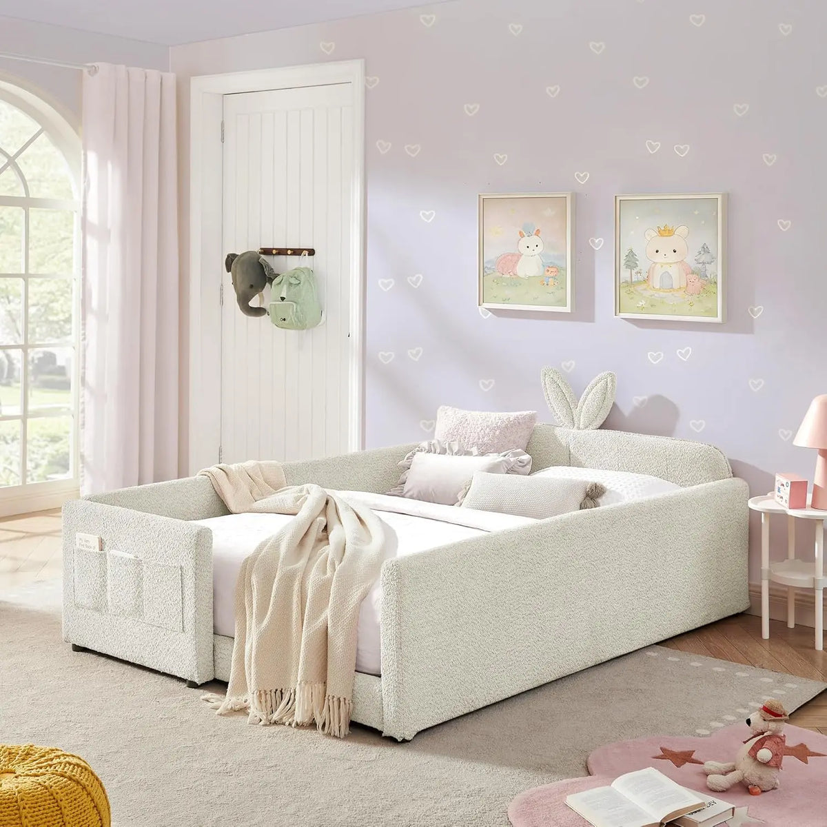 Twin Size Platform Bed,Boucle Upholstered Rabbit Ear Headboard with Pocket & Guardrail for Kids Room,Beige,Customized