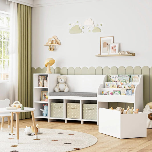 67"W Kids Reading Nook with Bookshelf, Toy Storage Organizer, White | Cushioned Bench & Large Movable Toy Storage Box on Wheels, 6 Open Cubbies for Ease Fetch, Kid Bookcase for Playroom, Kid Room