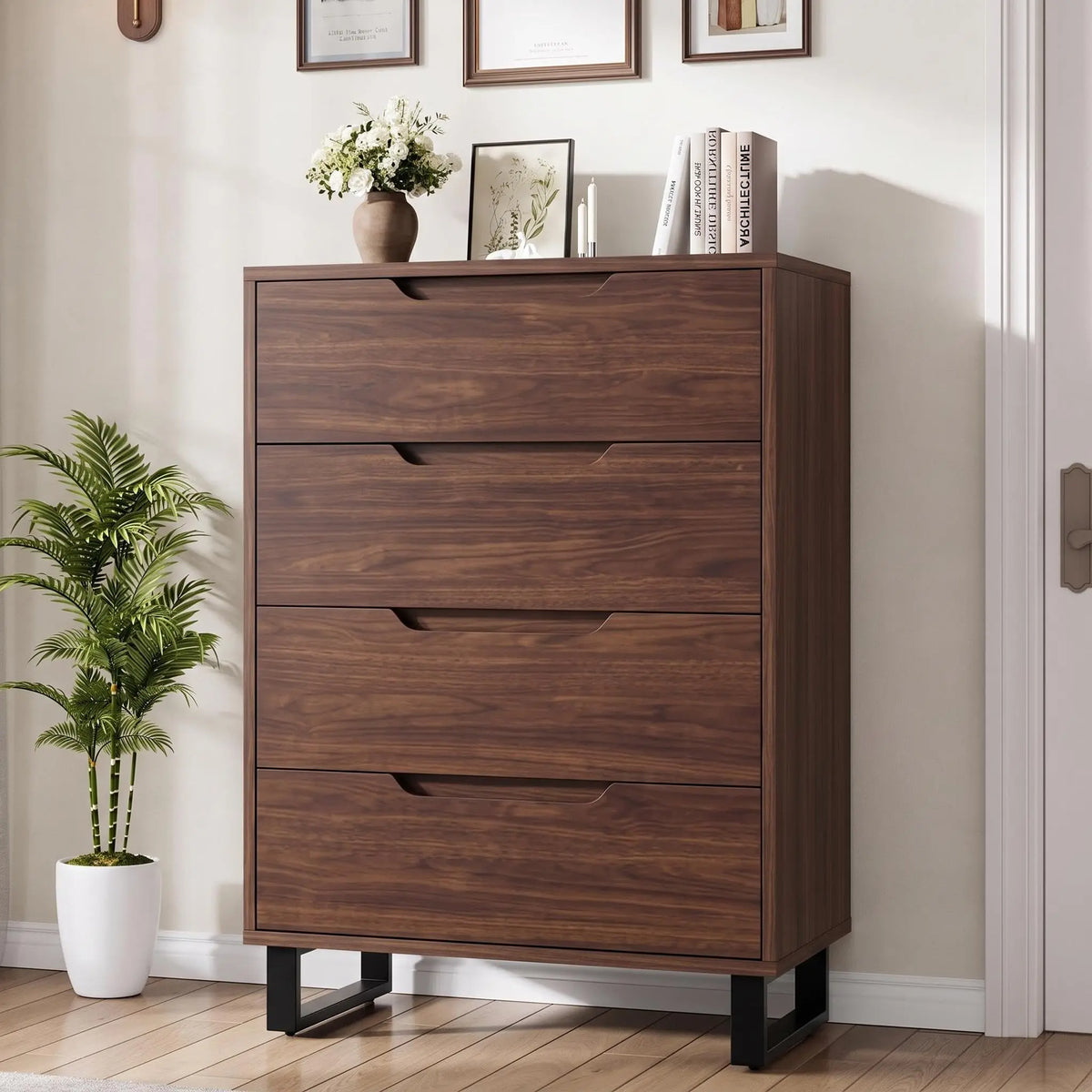 Freestanding Wooden Storage Dresser With Spacious Drawers And Metal Frame