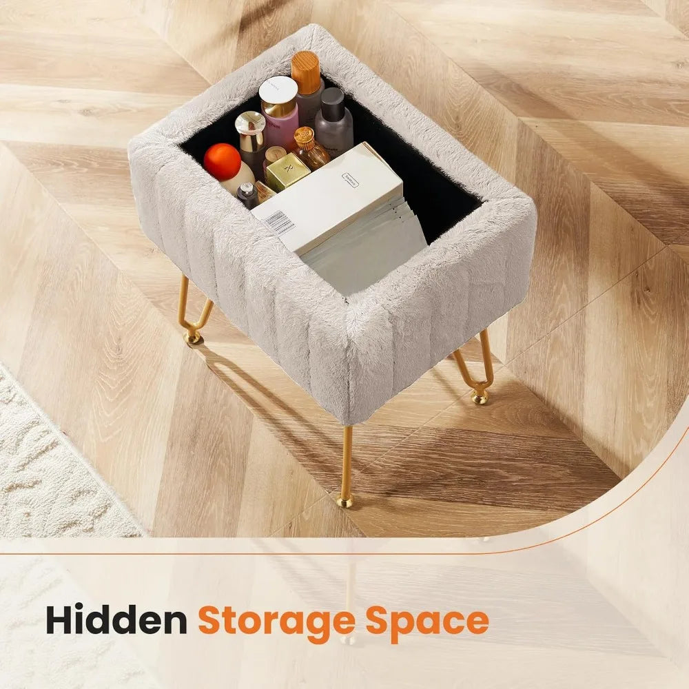 Storage Ottoman Chair With Faux Fur Seat And Metal Legs
