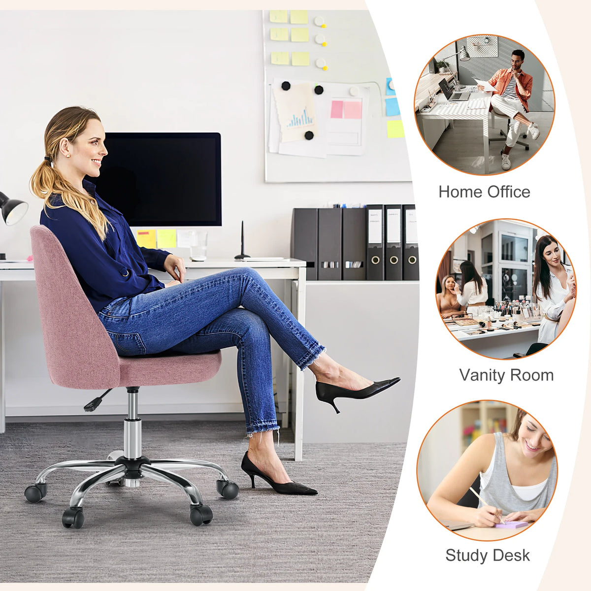 MCQ Armless Ergonomic Fabric Office Chair with 360° Swivel Rolling Adjustable Height Gaming Racing Chair For Home Office