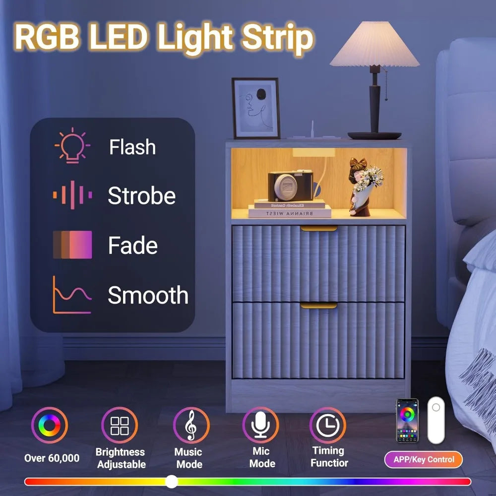 Fluted Nightstand Set Of 2 With LED Charging Station, Farmhouse Style