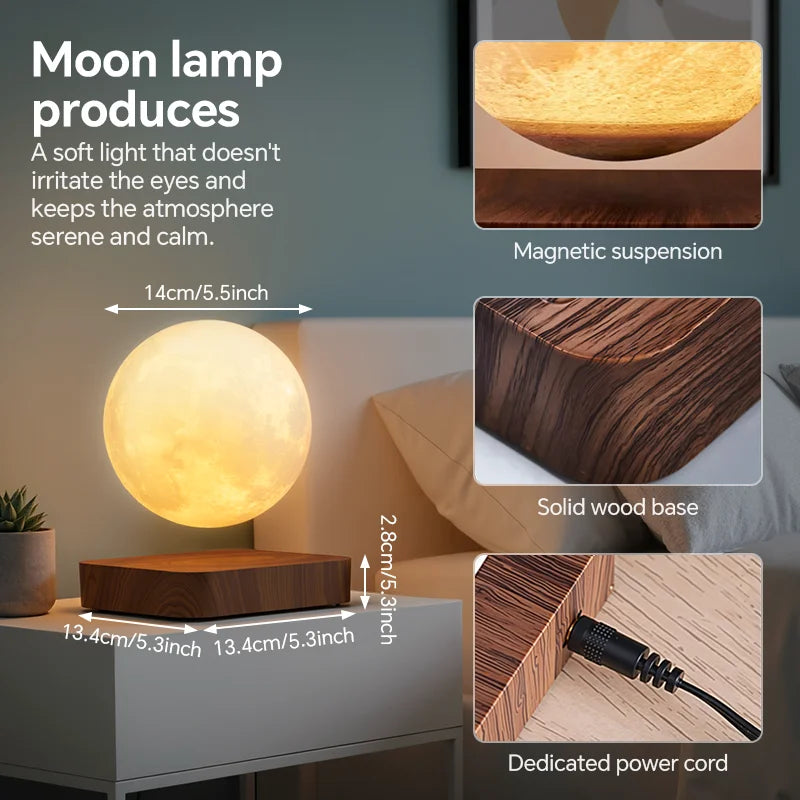 Magnetic Floating Rotating Moon Lamp with Wooden Base,3 Lighting Modes LED Night Lights of Print 3D for Unique Gifts, Room